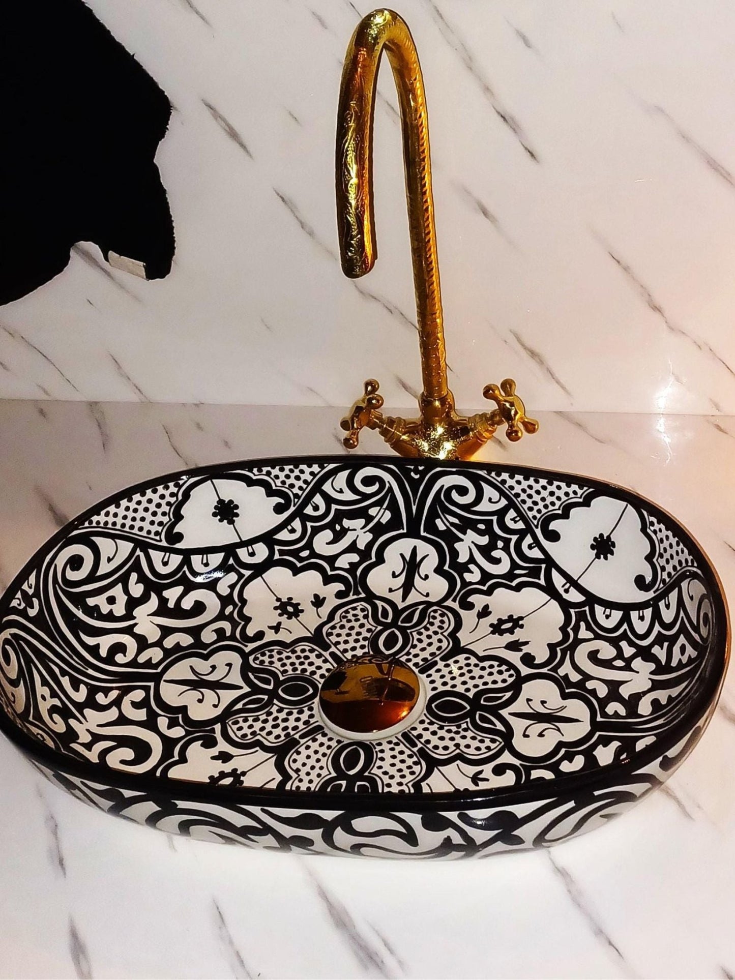 Athens - Handmade Moroccan Oval Ceramic Sink – Black Paisley Top Counter Vessel Sink - (ETAFS) - OunizZ