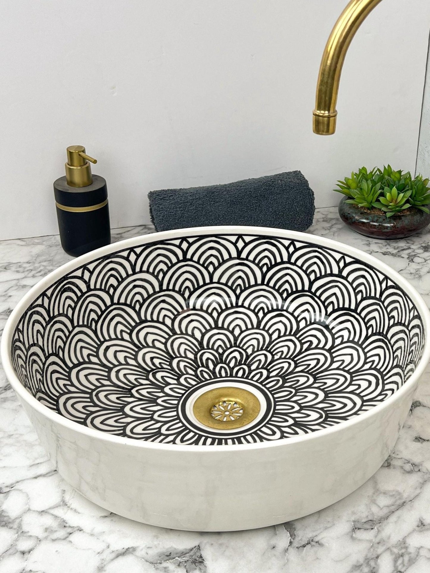 Barcelona - Handmade Moroccan Round Ceramic Sink – Black Feather Pattern Top Counter Vessel Sink - (ETMMT) - OunizZ