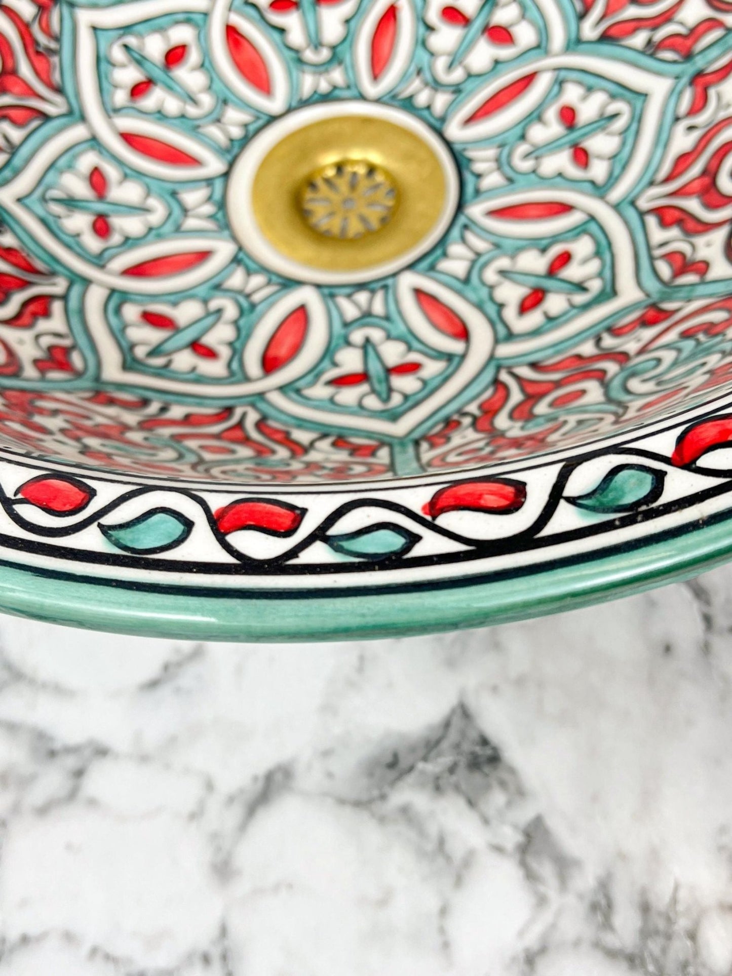 Florence - Handmade Moroccan Round Ceramic Sink – Vibrant Red and Teal Top Counter Vessel Sink - (ETMMT) - OunizZ