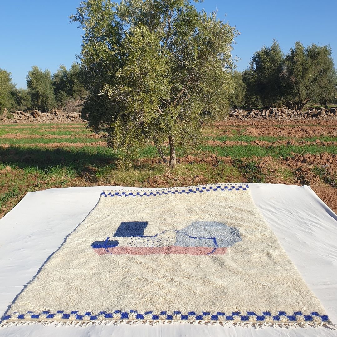 Lamatla - White & Blue Moroccan Rug 6x10 Azilal | Authentic Berber Handmade Rug | 6'86x10'33 ft | 209x315 cm - OunizZ