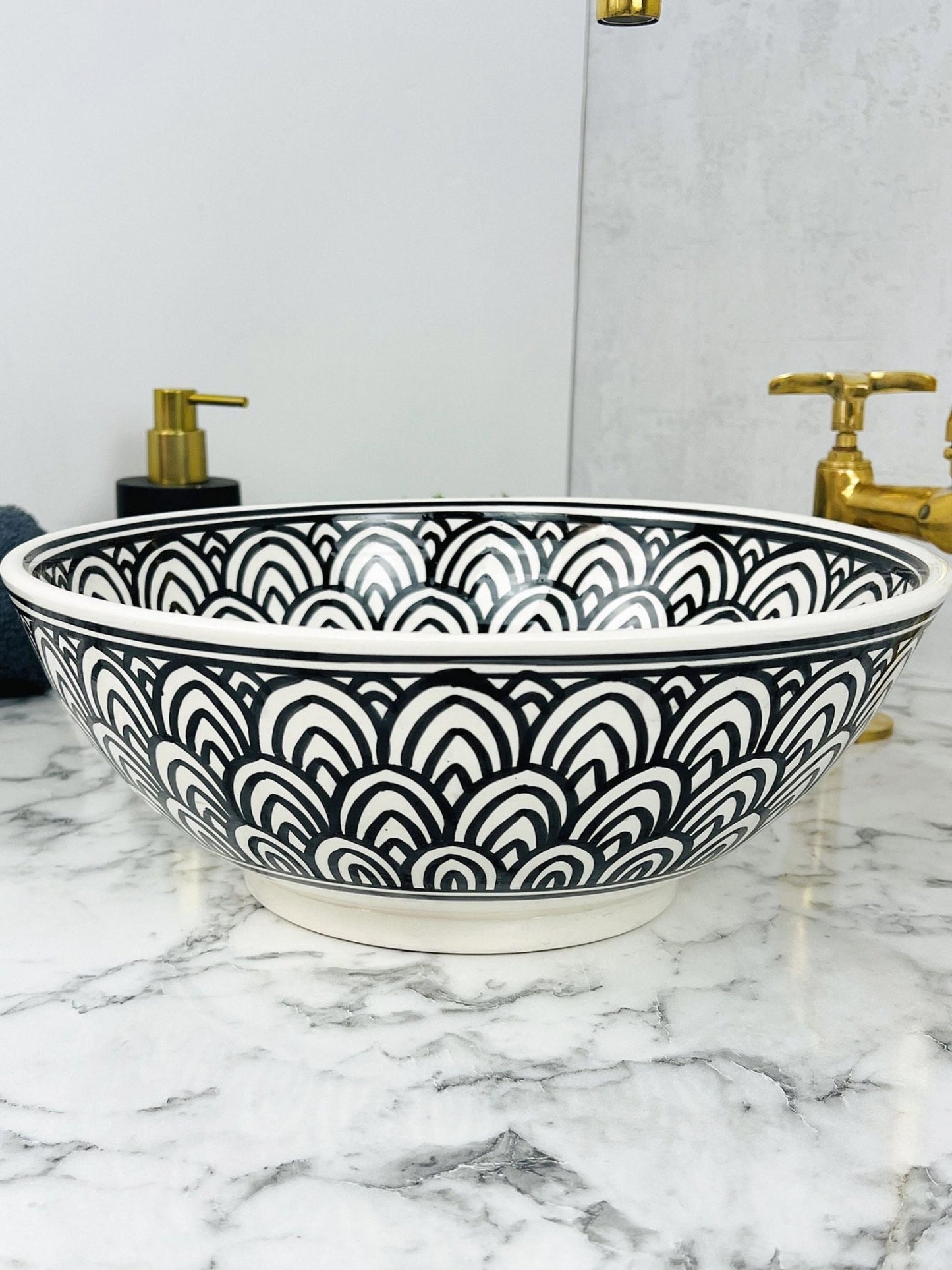 Milan - Handmade Moroccan Round Ceramic Sink – Black Feather Pattern Top Counter Vessel Sink - (ETMMT) - OunizZ