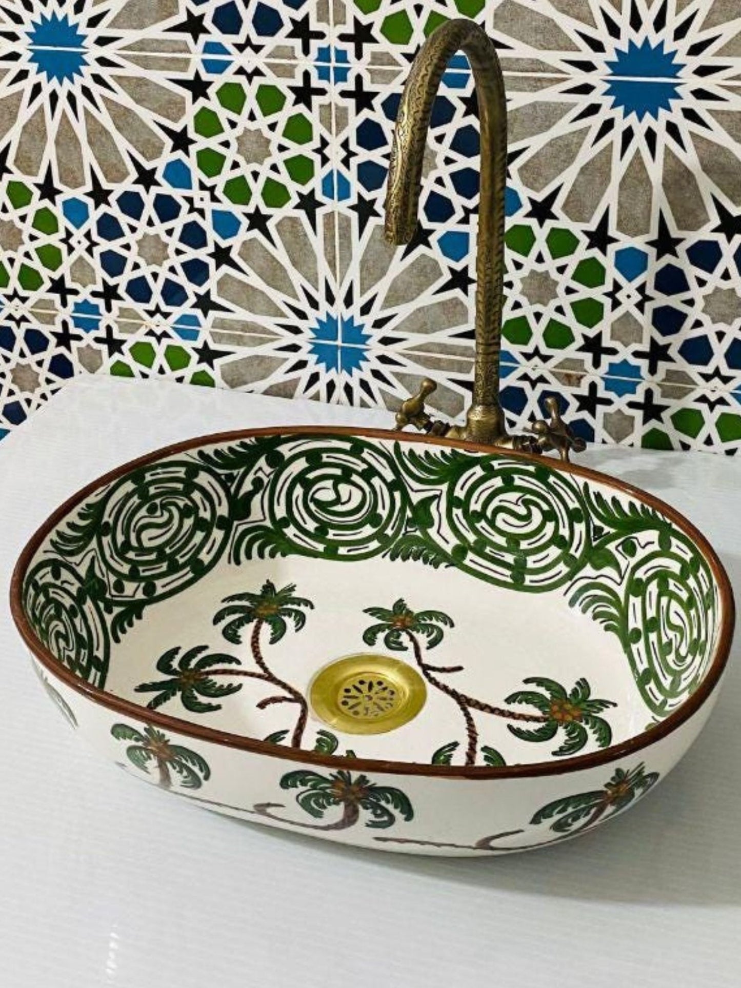 Palma - Handmade Moroccan Oval Ceramic Sink – Green Palm Wood Top Counter Vessel Sink - (ETFS) - OunizZ