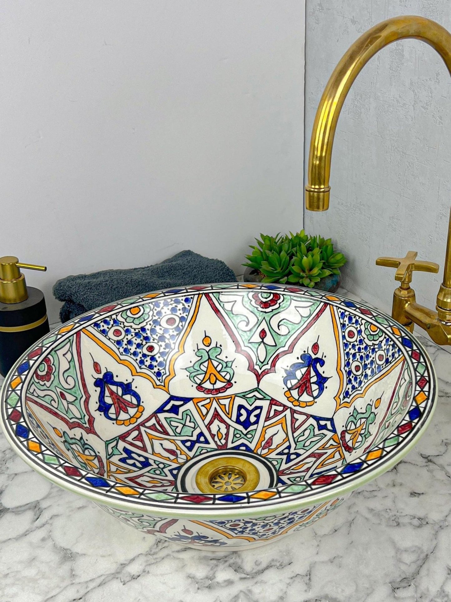 Prague - Handmade Moroccan Round Ceramic Sink – Colorful Geometric Top Counter Vessel Sink - (ETMMT) - OunizZ