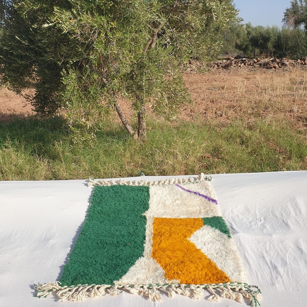 Ribaha | Green & Yellow Moroccan Rug 3x5 Beni Ourain Ultra Soft | 3'54x5'35 Ft | 108x163 cm - OunizZ