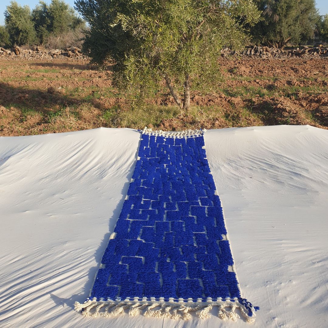 Yamam Runner - Blue Moroccan Runner Rug Beni Ourain | Authentic Berber Hallway runner | 2'26x9'74 ft | 80x297 cm - OunizZ