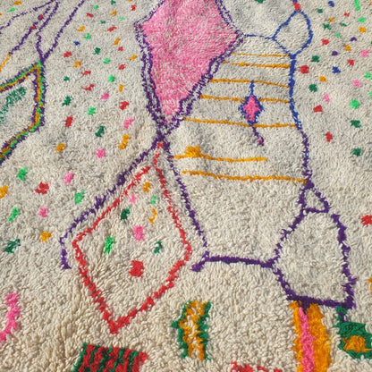 Kafani - Tapis Marocain 200x300 - Tapis Berbère Azilal Blanc Confetti Rose Losange Fait Main en Laine | 195×282 cm