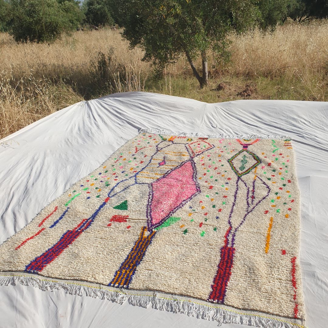 Kafani - Tapis Marocain 200x300 - Tapis Berbère Azilal Blanc Confetti Rose Losange Fait Main en Laine | 195×282 cm