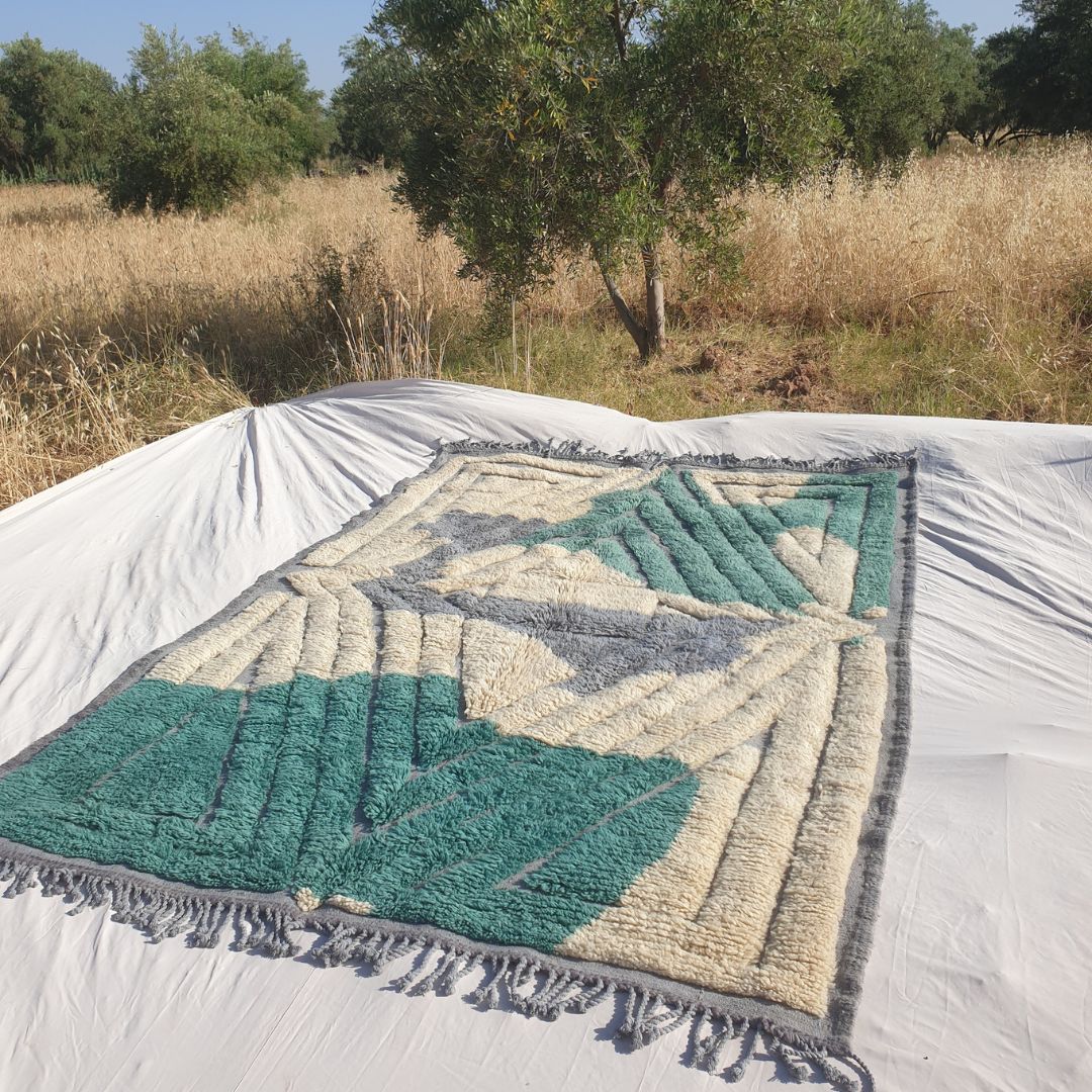 Imitaz - Tapis Marocain 200x300 - Tapis Beni Mrirt Luxueux Vert Canard Crème Géométrique Losange Fait Main en Laine | 203×294 cm