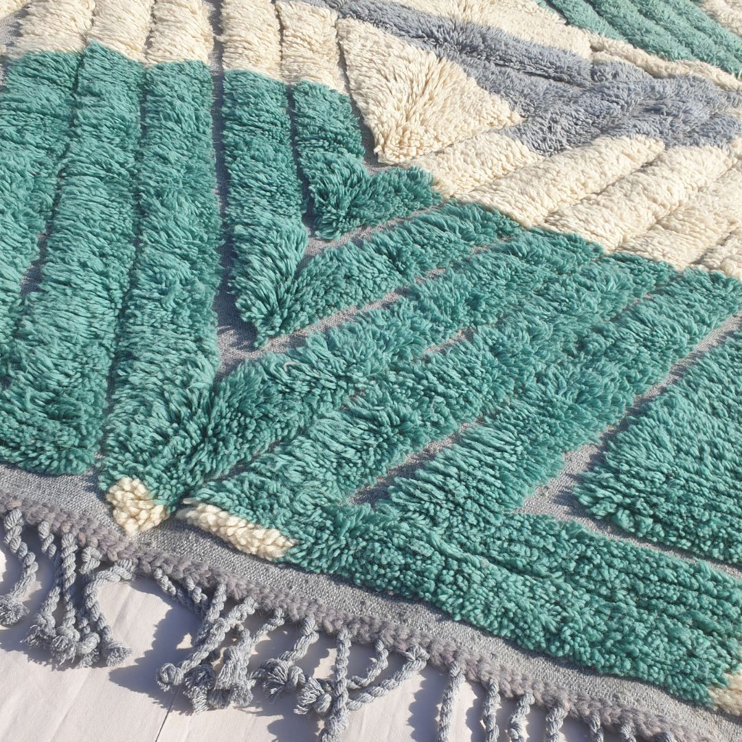 Imitaz - Tapis Marocain 200x300 - Tapis Beni Mrirt Luxueux Vert Canard Crème Géométrique Losange Fait Main en Laine | 203×294 cm