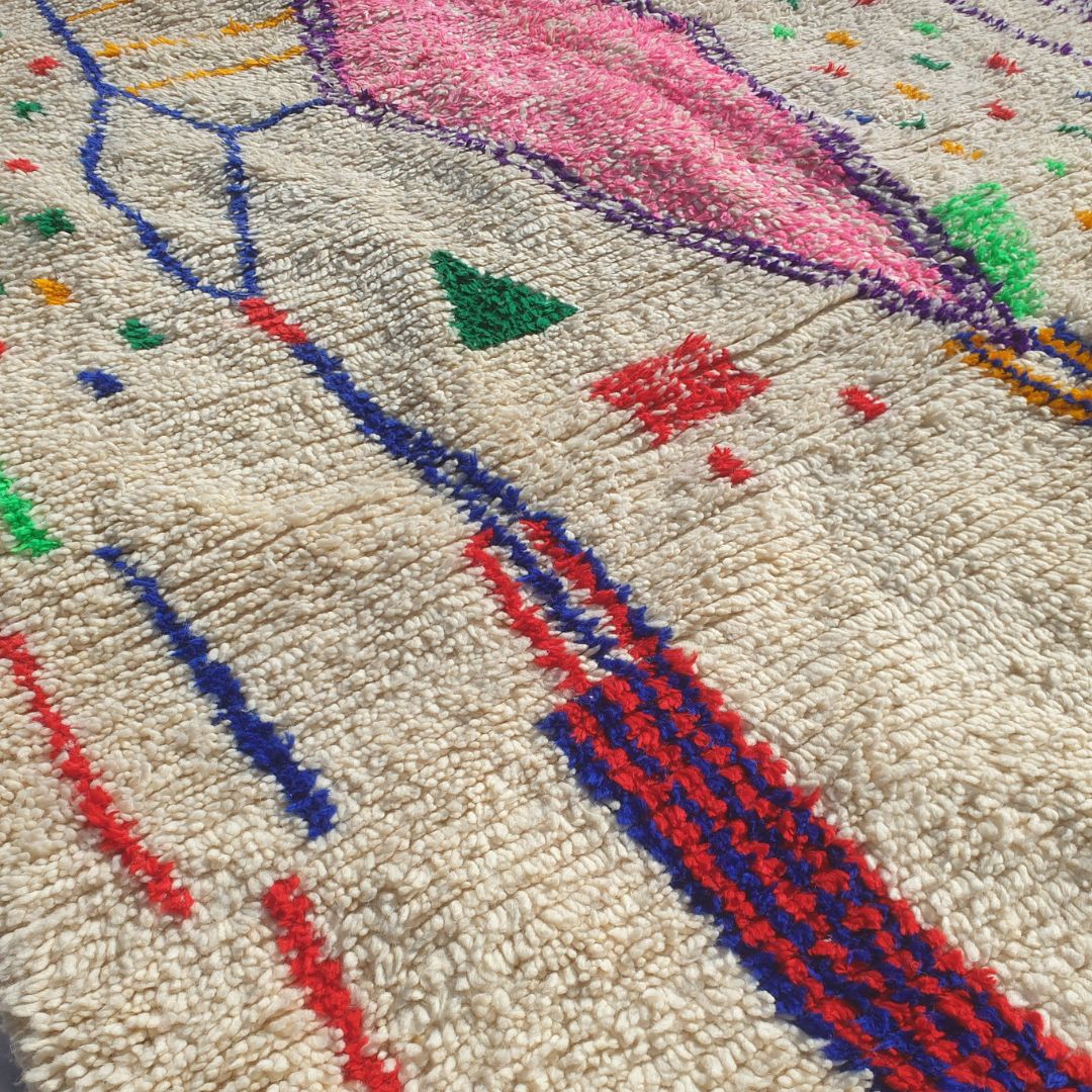 Kafani - Tapis Marocain 200x300 - Tapis Berbère Azilal Blanc Confetti Rose Losange Fait Main en Laine | 195×282 cm