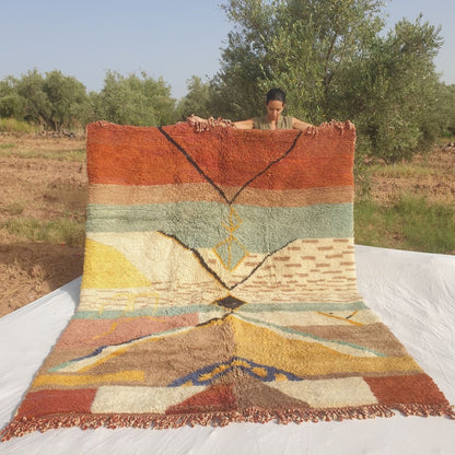 Mansuria - Beni Mrirt Rug with Painterly Abstract Bands and Black Diamond Medallion - Handwoven Berber Carpet | 7'7"x10'1" Ft | 231x309 cm