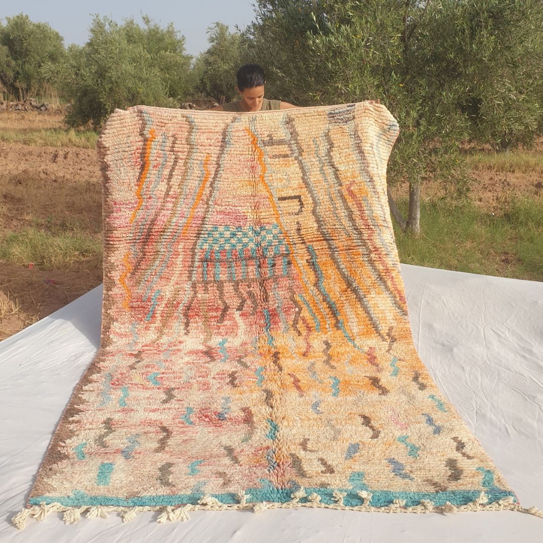 Yajina - Pink & Teal Moroccan Boujad Rug with Camel Motif and Zigzag Pattern - Handwoven Berber Carpet | 6'1"x10' Ft | 186x306 cm