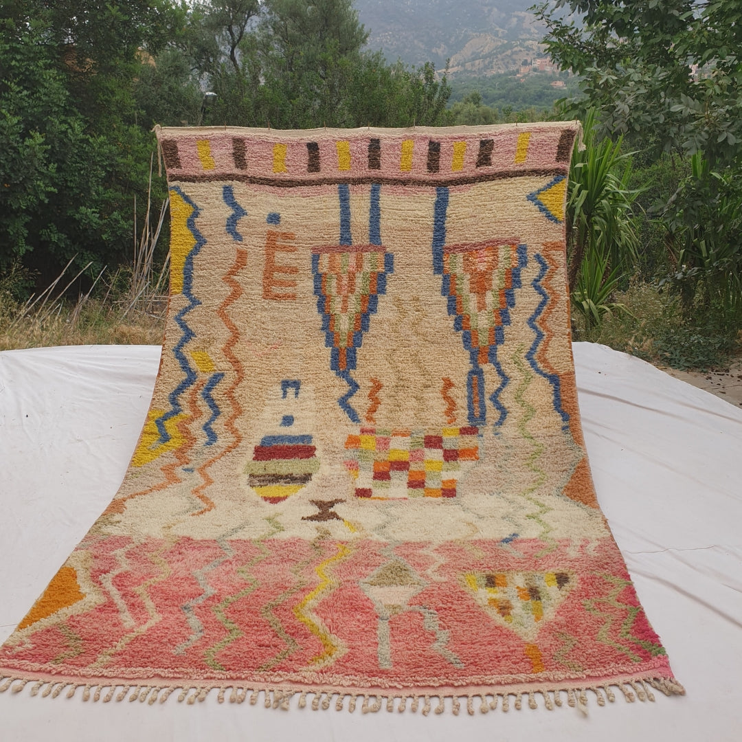 Mafna - Tapis Marocain Corail & Ivoire avec Motif Zigzag Bleu - Tapis Berbere Tisse Main | 192x307 cm