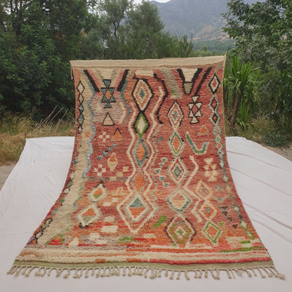 Person holding up a terracotta Moroccan rug outdoors, displaying its 194x304 cm size - a warm rust and brick terracotta field with a classic all-over cream diamond lattice pattern, alternating lozenges filled with orange, sage green and soft teal