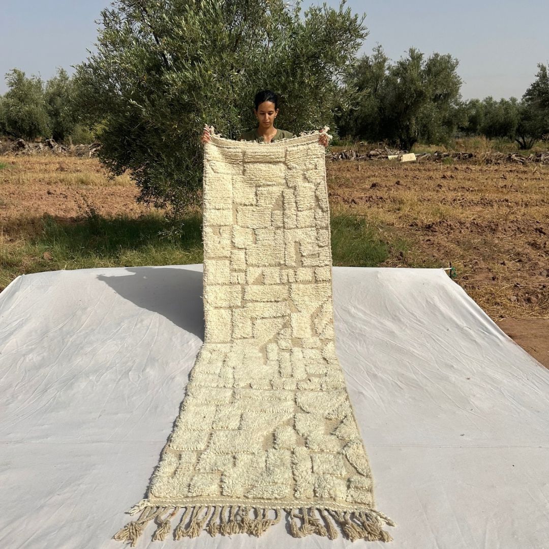 Afonia - Wide Ivory Beni Ourain Runner Rug with Textured Tone-on-Tone Mosaic - Handwoven Berber Carpet | 2'11"x10'4" Ft | 89x317 cm