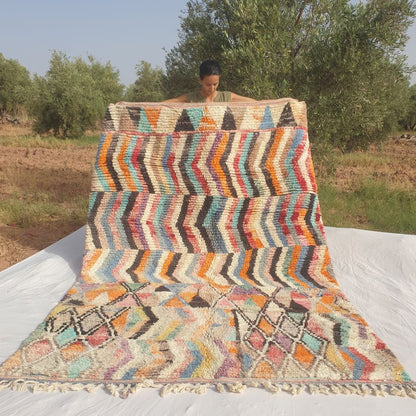 Dowelna - Colorful Moroccan Boujaad Rug with Chevron Bands and Diamond Lattice - Handwoven Berber Carpet | 6'8"x10' Ft | 204x306 cm