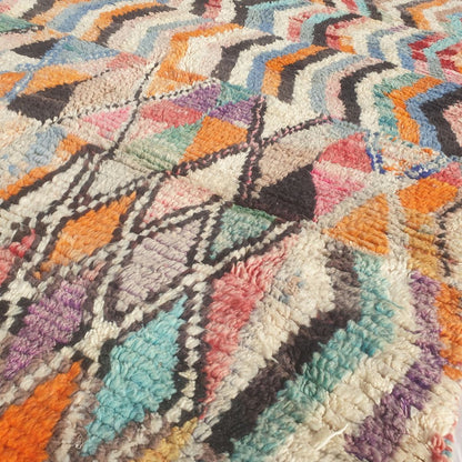 Dowelna - Colorful Moroccan Boujaad Rug with Chevron Bands and Diamond Lattice - Handwoven Berber Carpet | 6'8"x10' Ft | 204x306 cm