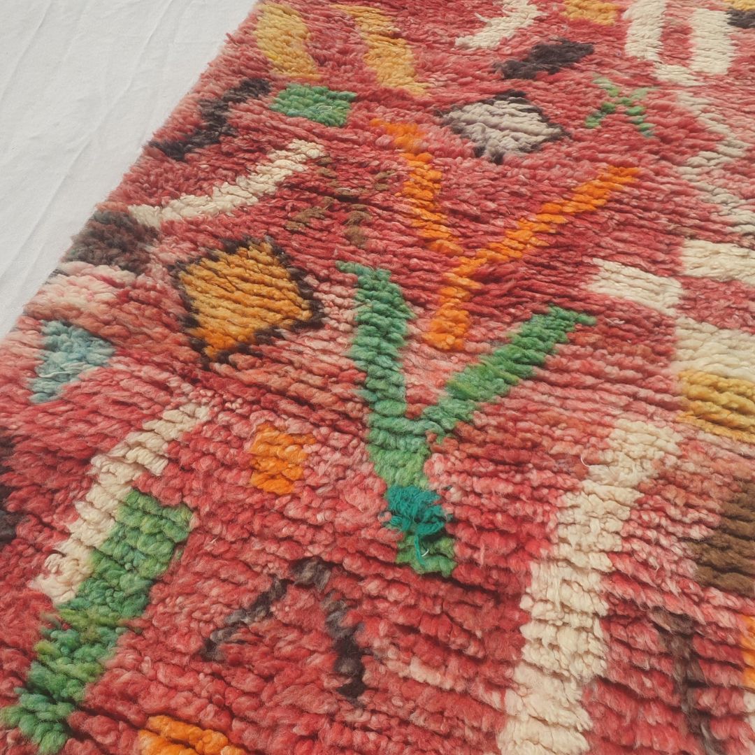 Tayrya - Slim Red and Mustard Moroccan Runner Rug with Scattered Symbols and Colourful Marks - Handwoven Berber Carpet | 2'2"x10'6" Ft | 68x322 cm