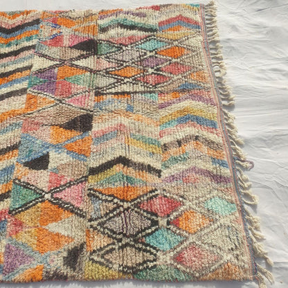 Dowelna - Colorful Moroccan Boujaad Rug with Chevron Bands and Diamond Lattice - Handwoven Berber Carpet | 6'8"x10' Ft | 204x306 cm