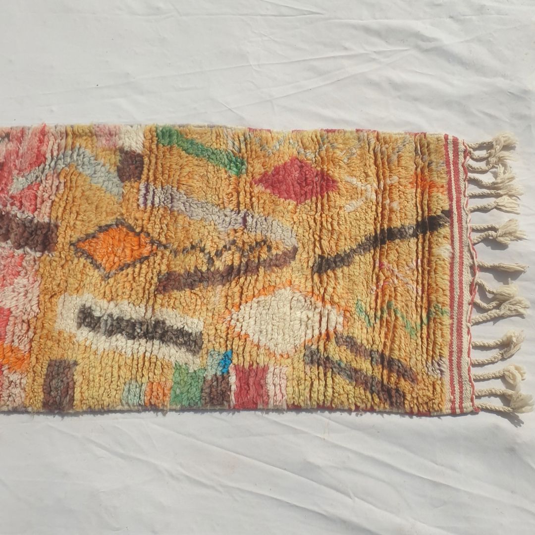 Tayrya - Slim Red and Mustard Moroccan Runner Rug with Scattered Symbols and Colourful Marks - Handwoven Berber Carpet | 2'2"x10'6" Ft | 68x322 cm