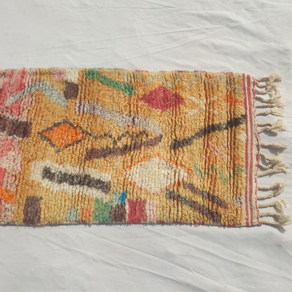 Tayrya - Slim Red and Mustard Moroccan Runner Rug with Scattered Symbols and Colourful Marks - Handwoven Berber Carpet | 2'2"x10'6" Ft | 68x322 cm
