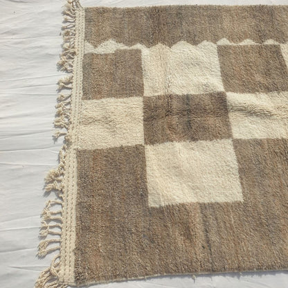 Fadima - Beni Ourain Checkerboard Rug in Taupe and Cream Blocks - Handwoven Berber Carpet | 6'8"x10'5" Ft | 204x317 cm