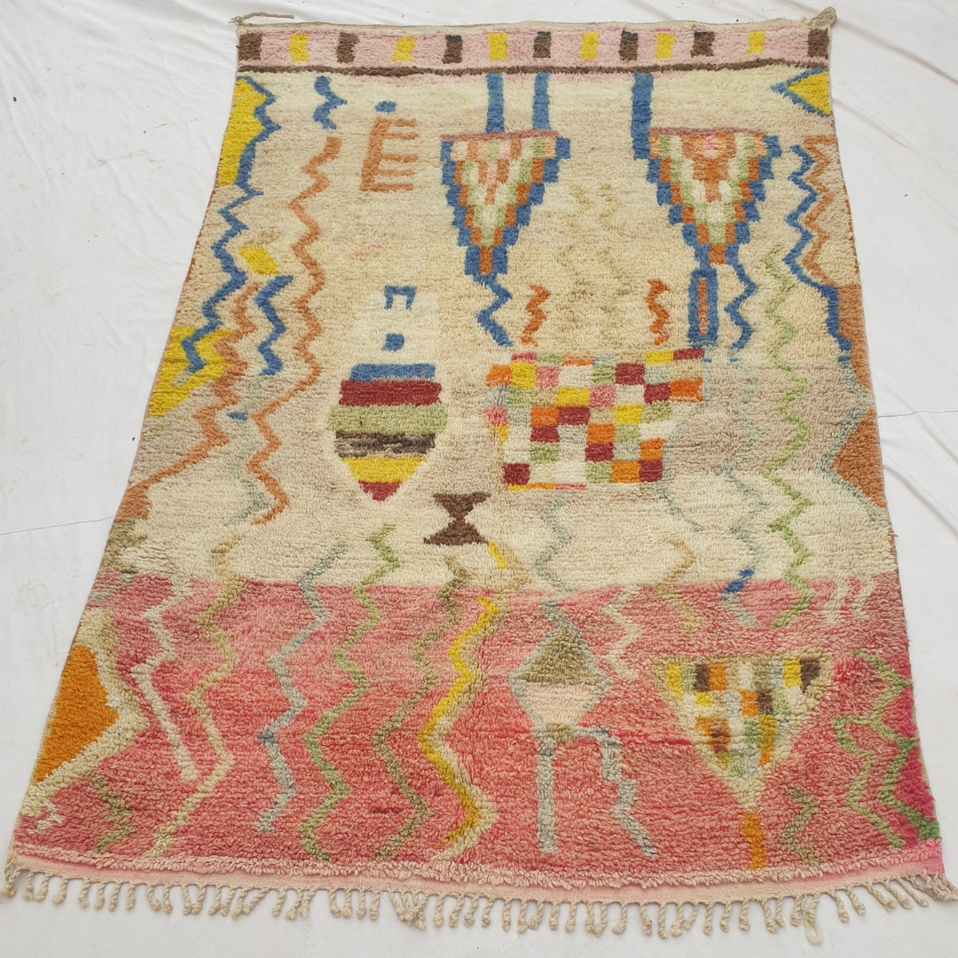 Mafna - Tapis Marocain Corail & Ivoire avec Motif Zigzag Bleu - Tapis Berbere Tisse Main | 192x307 cm