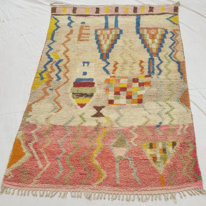 Mafna - Tapis Marocain Corail & Ivoire avec Motif Zigzag Bleu - Tapis Berbere Tisse Main | 192x307 cm