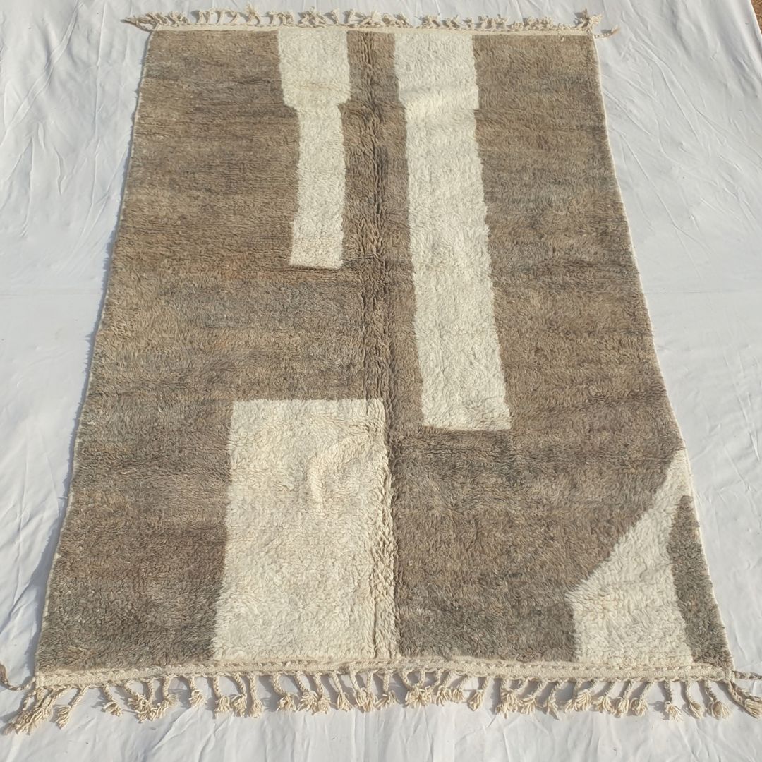 Farali - Beni Ourain Rug with Taupe Field and Scattered Ivory Mosaic Block Shapes - Handwoven Berber Carpet | 6'7"x10'7" Ft | 201x324 cm