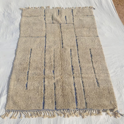 Ifawa - Beni Ourain Rug with Tonal Beige Field and Rare Blue Line Accents - Handwoven Berber Carpet | 6'6"x10'5" Ft | 198x317 cm