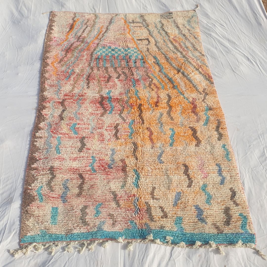 Yajina - Pink & Teal Moroccan Boujad Rug with Camel Motif and Zigzag Pattern - Handwoven Berber Carpet | 6'1"x10' Ft | 186x306 cm