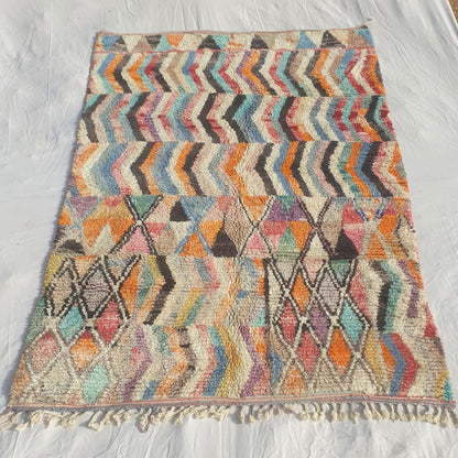 Dowelna - Colorful Moroccan Boujaad Rug with Chevron Bands and Diamond Lattice - Handwoven Berber Carpet | 6'8"x10' Ft | 204x306 cm