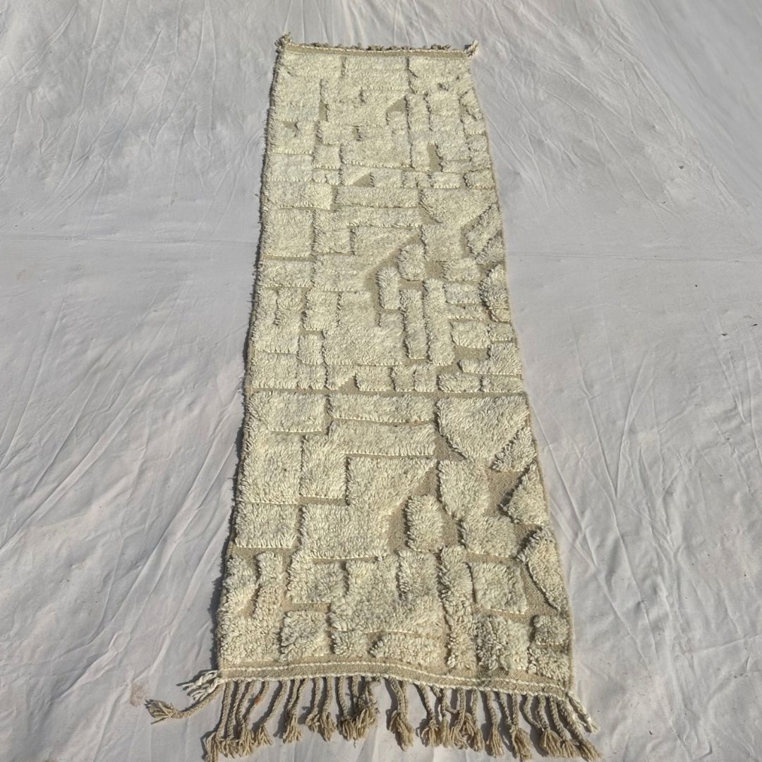 Afonia - Wide Ivory Beni Ourain Runner Rug with Textured Tone-on-Tone Mosaic - Handwoven Berber Carpet | 2'11"x10'4" Ft | 89x317 cm