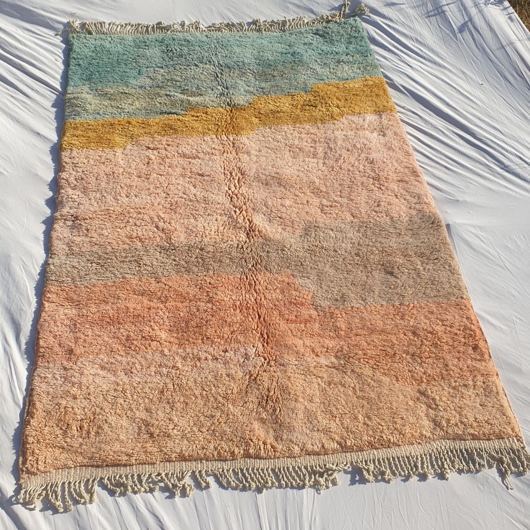 Authentic Beni Mrirt Moroccan rug 201×304 cm laid flat — minimalist abstract color-block design with teal blue upper section, golden mustard accent band, and warm salmon dusty rose lower field, hand-knotted in Morocco by Beni Mrirt Berber artisans in the Middle Atlas mountains