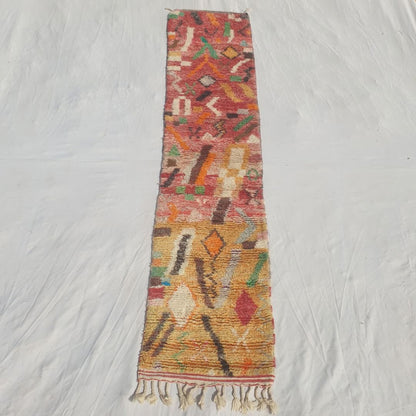 Tayrya - Slim Red and Mustard Moroccan Runner Rug with Scattered Symbols and Colourful Marks - Handwoven Berber Carpet | 2'2"x10'6" Ft | 68x322 cm