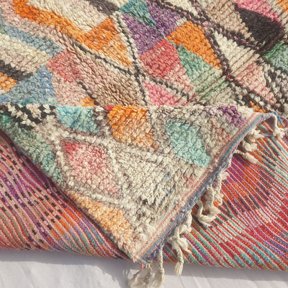 Dowelna - Colorful Moroccan Boujaad Rug with Chevron Bands and Diamond Lattice - Handwoven Berber Carpet | 6'8"x10' Ft | 204x306 cm