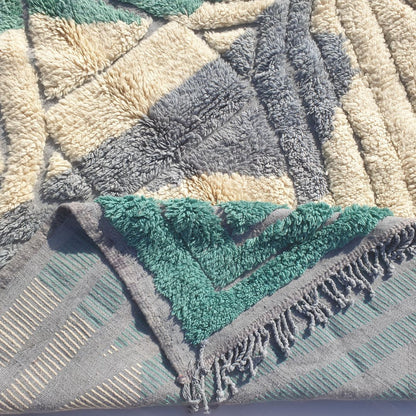 Imitaz - Tapis Marocain 200x300 - Tapis Beni Mrirt Luxueux Vert Canard Crème Géométrique Losange Fait Main en Laine | 203×294 cm