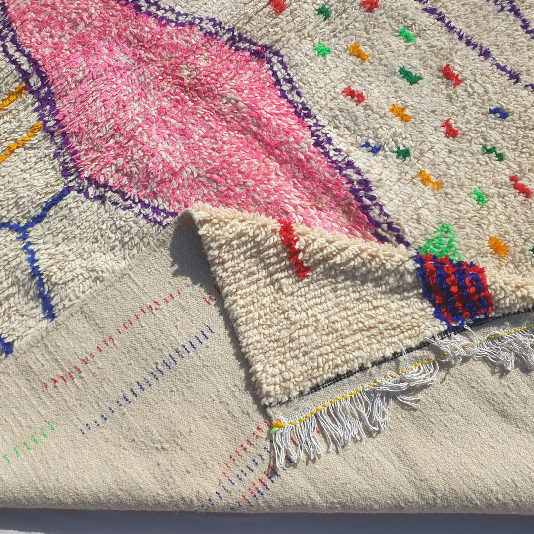 Kafani - Tapis Marocain 200x300 - Tapis Berbère Azilal Blanc Confetti Rose Losange Fait Main en Laine | 195×282 cm