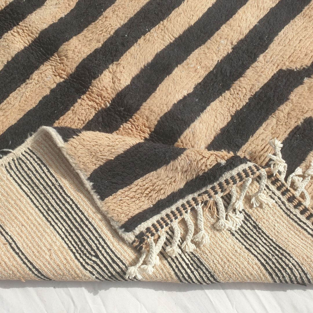 Bolka - 6x8 Bold Striped Beni Ourain Rug in Black and Tan - Handwoven Berber Carpet | 6'2"x8' Ft | 190x242 cm