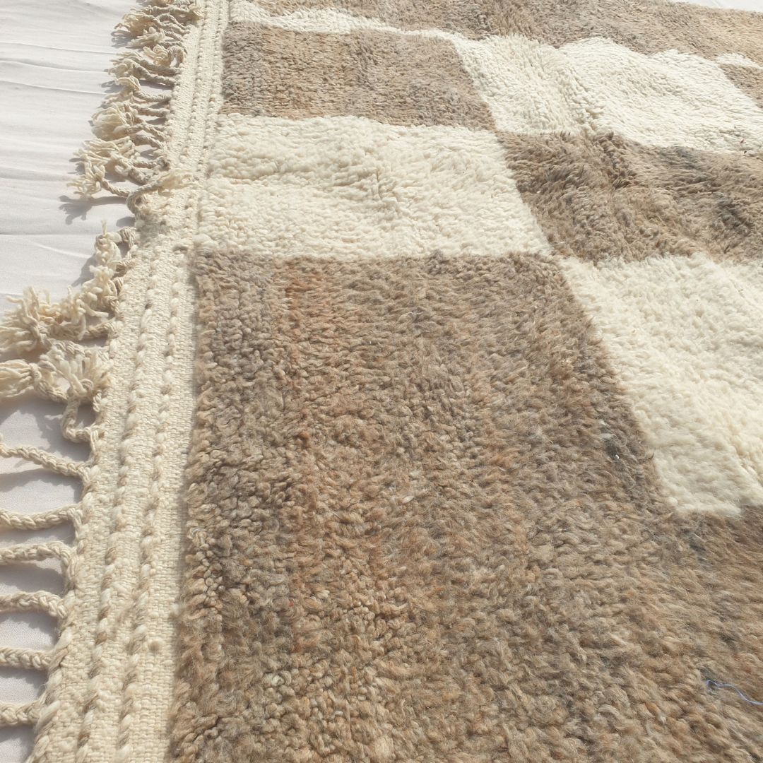 Fadima - Beni Ourain Checkerboard Rug in Taupe and Cream Blocks - Handwoven Berber Carpet | 6'8"x10'5" Ft | 204x317 cm