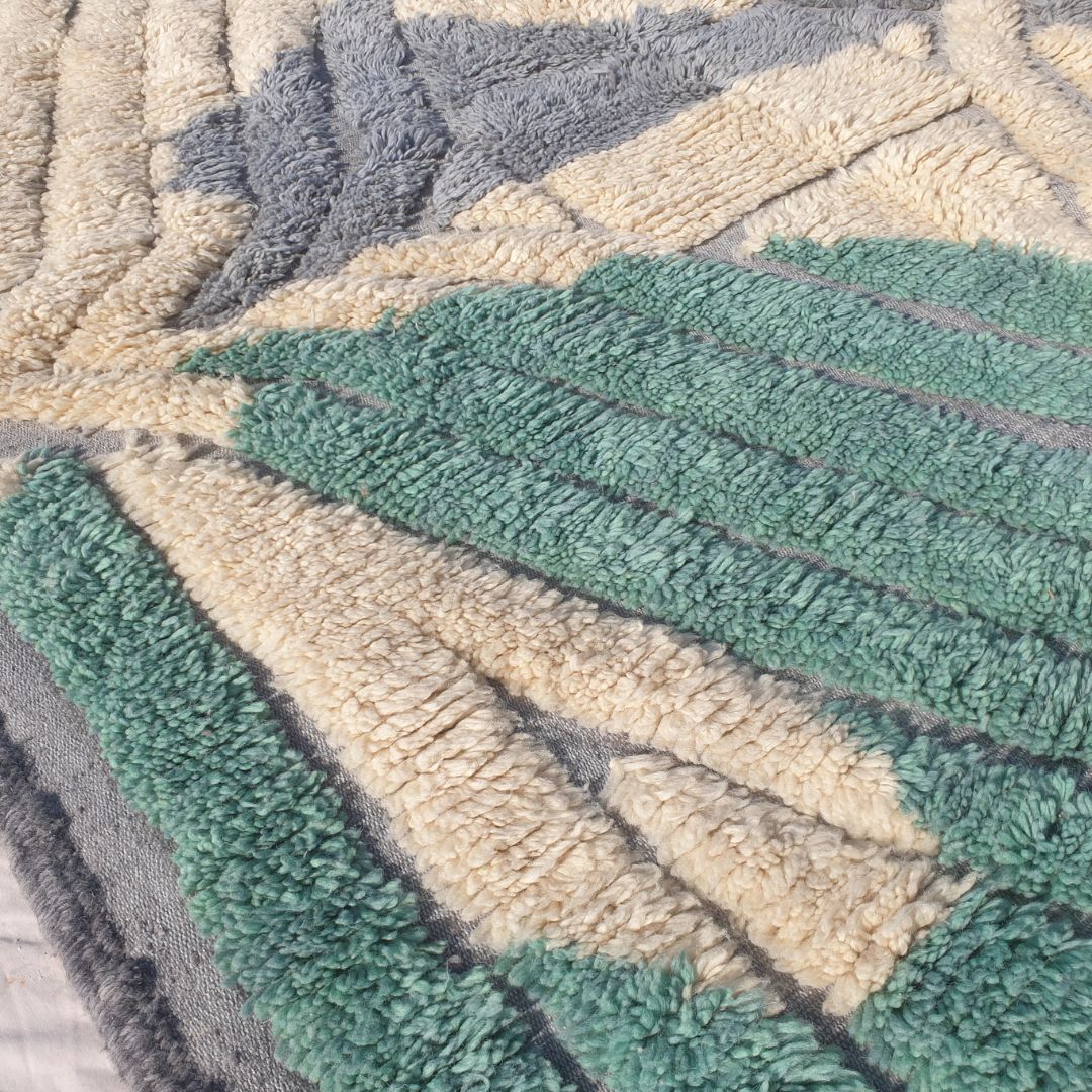Imitaz - Tapis Marocain 200x300 - Tapis Beni Mrirt Luxueux Vert Canard Crème Géométrique Losange Fait Main en Laine | 203×294 cm