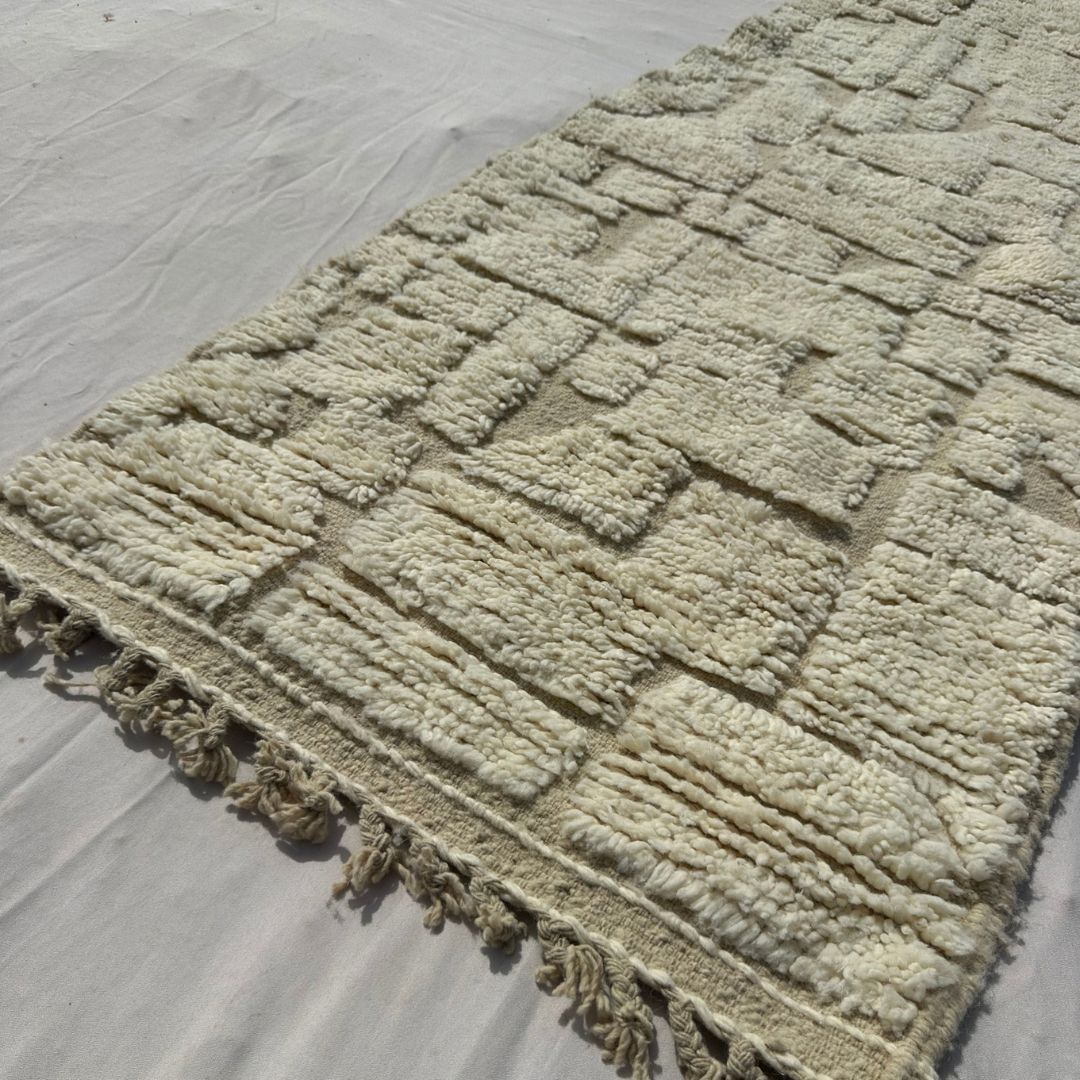 Afonia - Wide Ivory Beni Ourain Runner Rug with Textured Tone-on-Tone Mosaic - Handwoven Berber Carpet | 2'11"x10'4" Ft | 89x317 cm