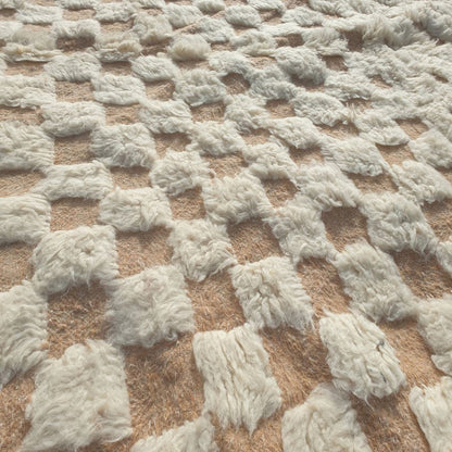 Tatalna - Textured Ivory Beni Ourain Rug with Diagonal Flutes and Checkerboard Relief - Handwoven Berber Carpet | 6'5"x10'2" Ft | 197x310 cm