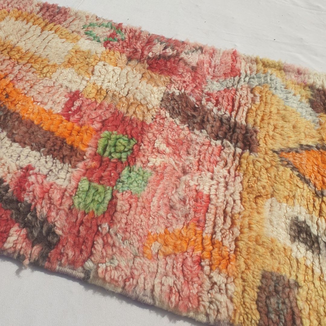Tayrya - Slim Red and Mustard Moroccan Runner Rug with Scattered Symbols and Colourful Marks - Handwoven Berber Carpet | 2'2"x10'6" Ft | 68x322 cm