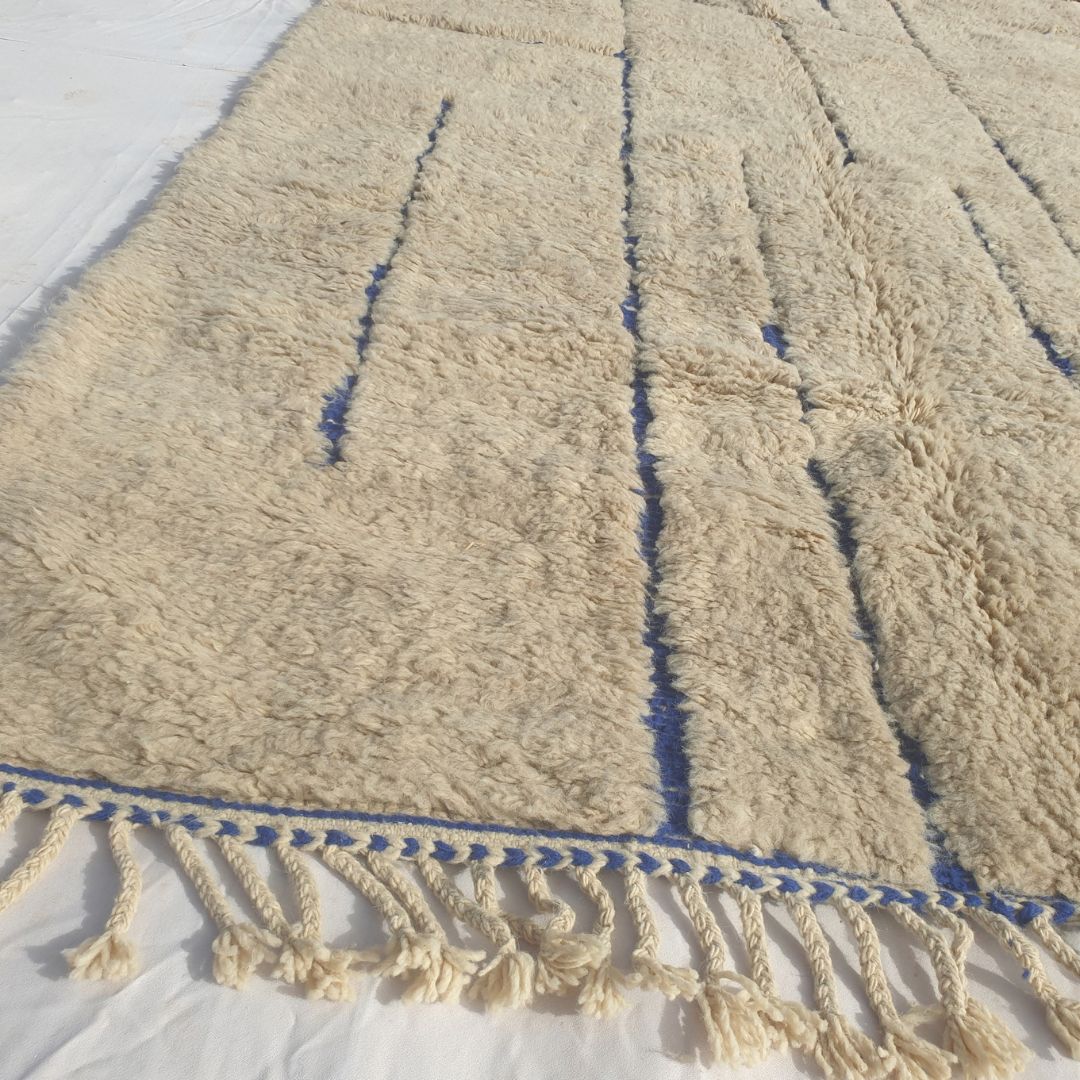 Ifawa - Beni Ourain Rug with Tonal Beige Field and Rare Blue Line Accents - Handwoven Berber Carpet | 6'6"x10'5" Ft | 198x317 cm