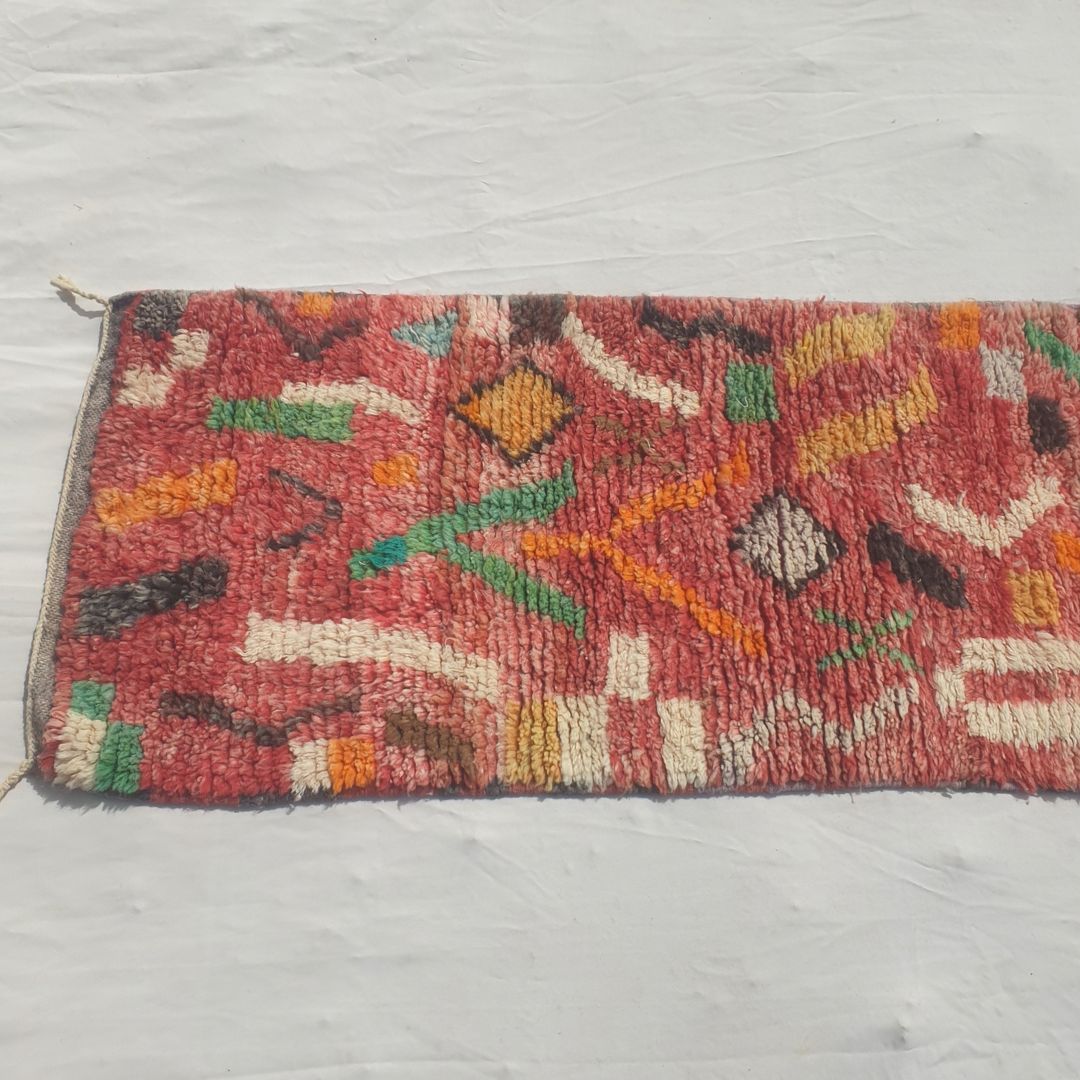 Tayrya - Slim Red and Mustard Moroccan Runner Rug with Scattered Symbols and Colourful Marks - Handwoven Berber Carpet | 2'2"x10'6" Ft | 68x322 cm