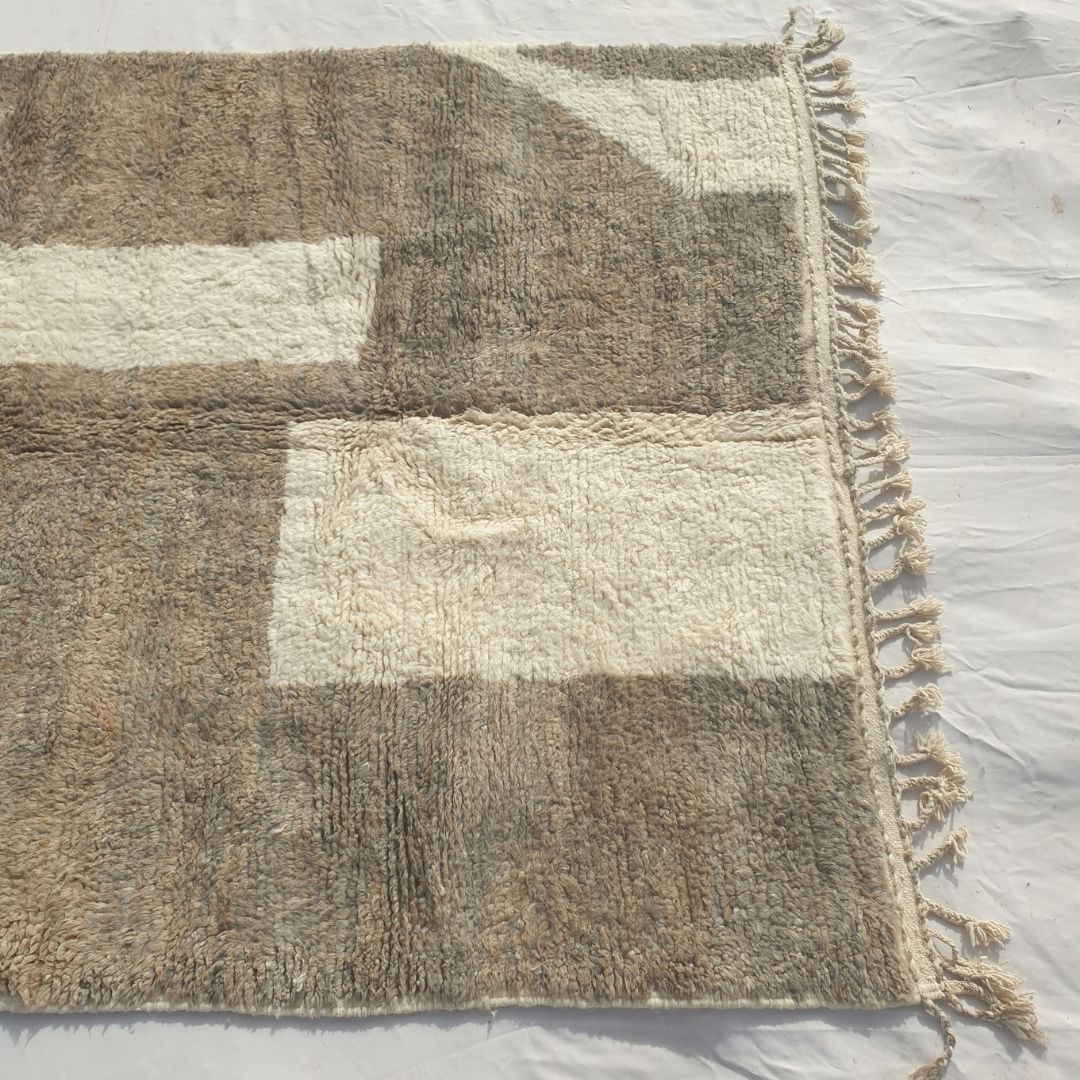 Farali - Beni Ourain Rug with Taupe Field and Scattered Ivory Mosaic Block Shapes - Handwoven Berber Carpet | 6'7"x10'7" Ft | 201x324 cm