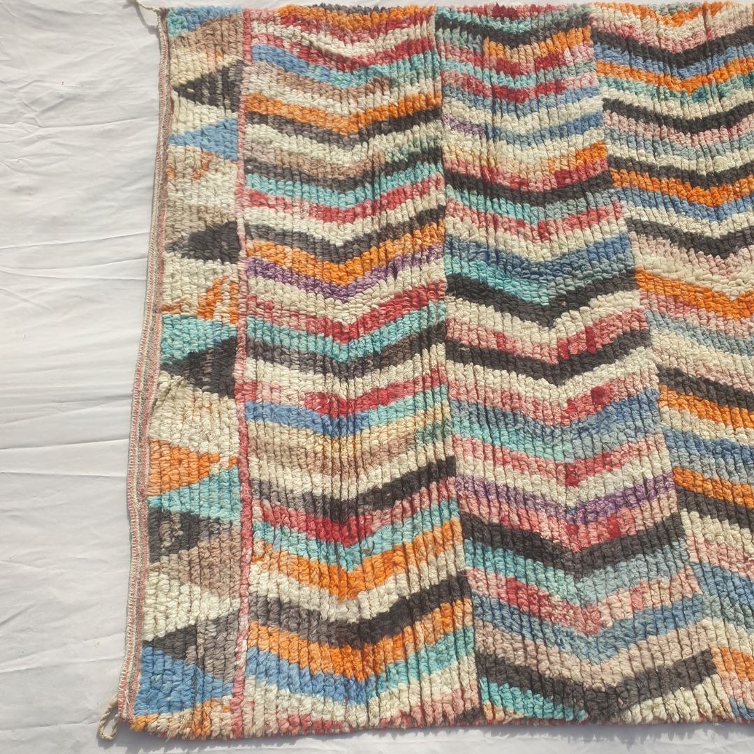 Dowelna - Colorful Moroccan Boujaad Rug with Chevron Bands and Diamond Lattice - Handwoven Berber Carpet | 6'8"x10' Ft | 204x306 cm