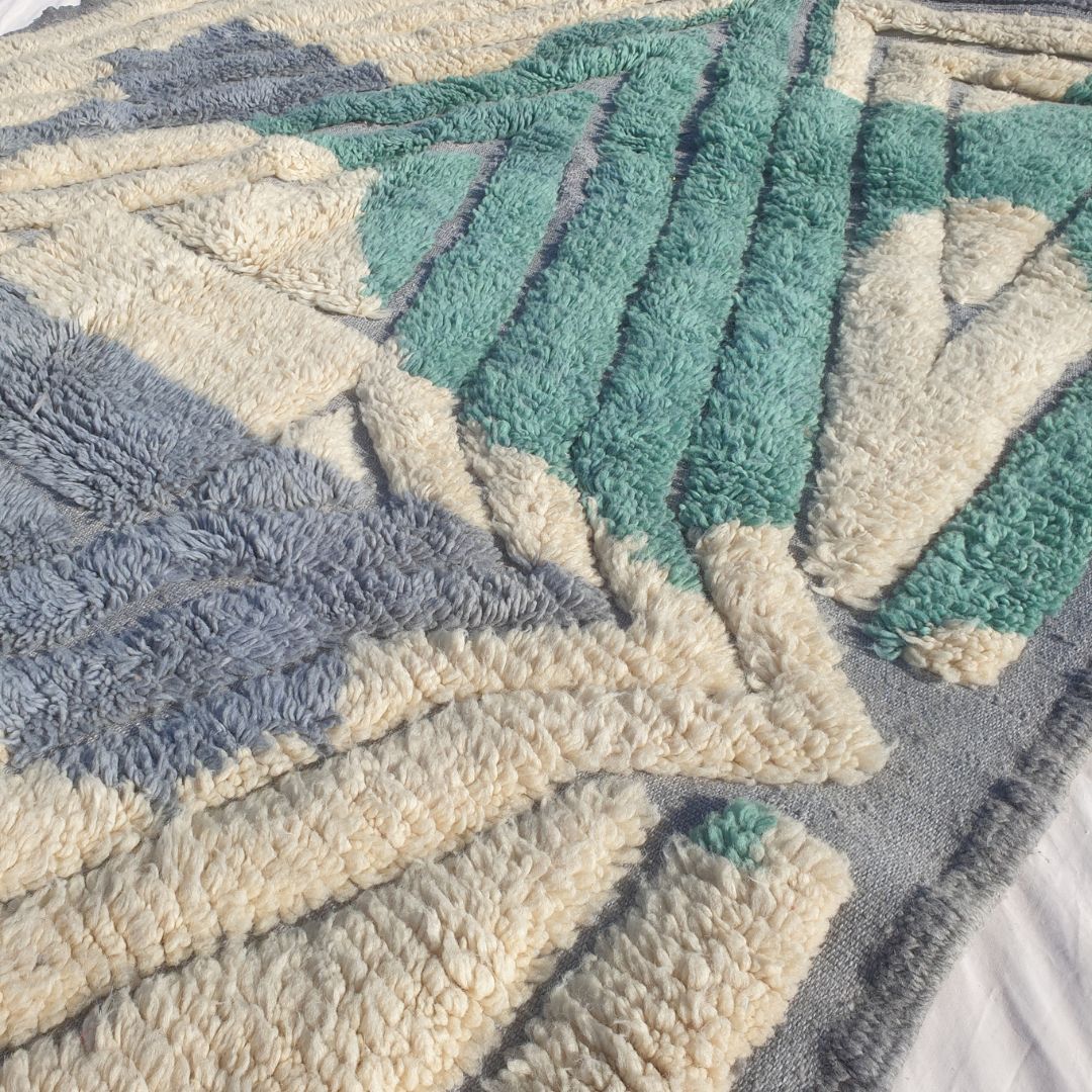 Imitaz - Tapis Marocain 200x300 - Tapis Beni Mrirt Luxueux Vert Canard Crème Géométrique Losange Fait Main en Laine | 203×294 cm