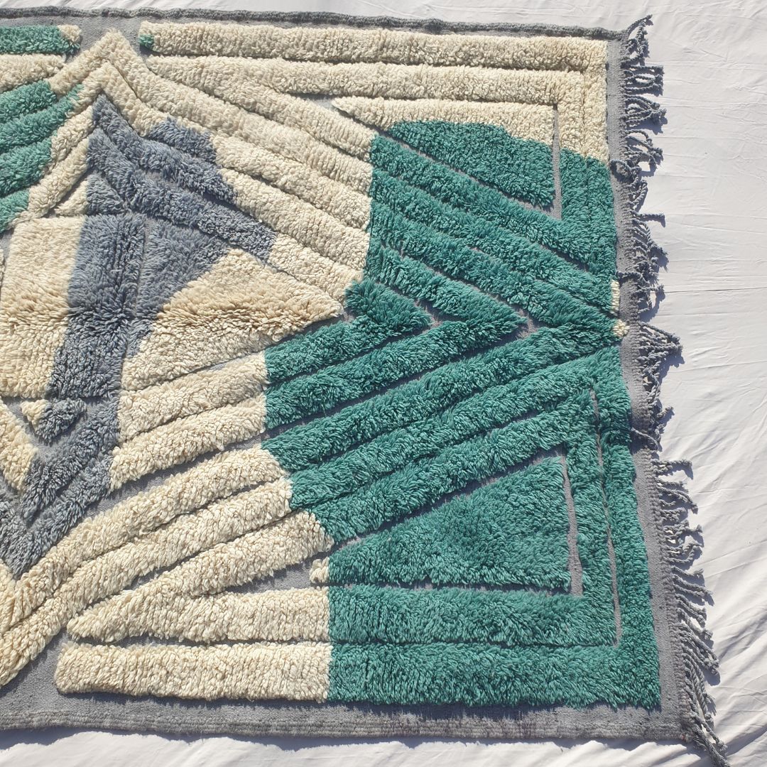Imitaz - Tapis Marocain 200x300 - Tapis Beni Mrirt Luxueux Vert Canard Crème Géométrique Losange Fait Main en Laine | 203×294 cm